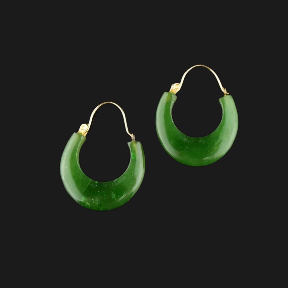 Vintage 14K Gold Carved Jade Hoop Earrings